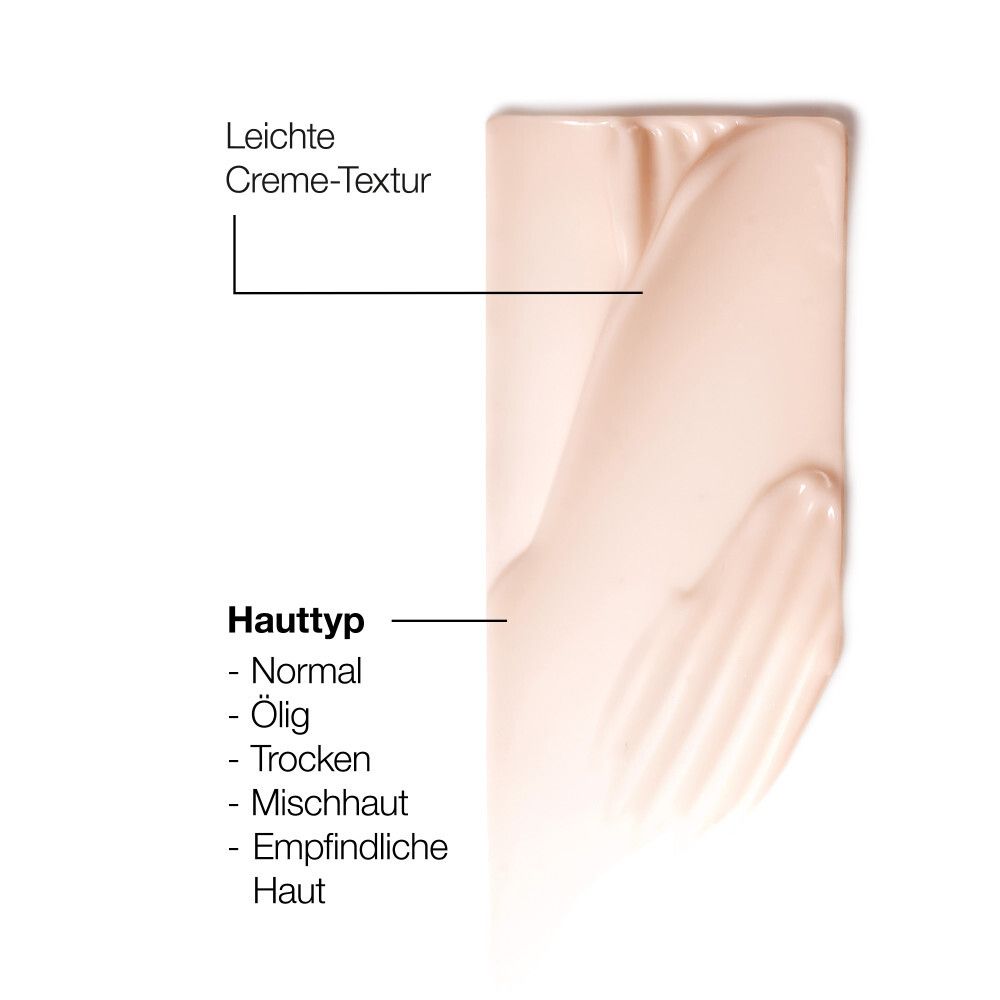Creme-Textur. Hauttypen: normal, ölig, trocken, Mischhaut, empfindliche Haut. Weißer Hintergrund.