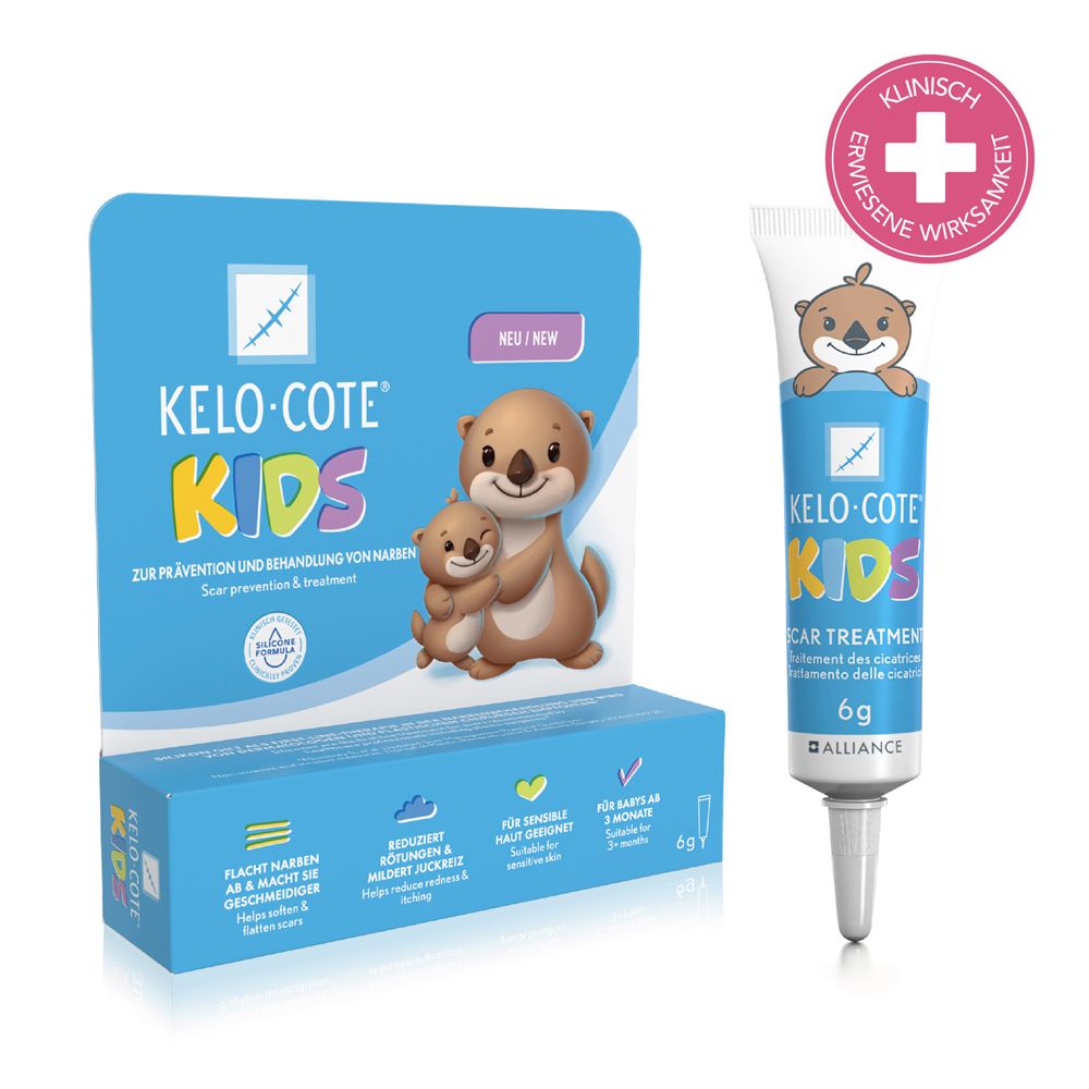 KELO-COTE® KIDS Verpackung und Tube. Abbildung von zwei Ottern. Text: Zur Prävention und Behandlung von Narben.