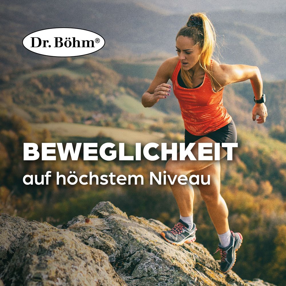 Blisterpackung mit Tabletten. Enthält "Dr. Böhm Knorpel & Knochen". Tabelle mit Inhaltsstoffen und Nährwertangaben.