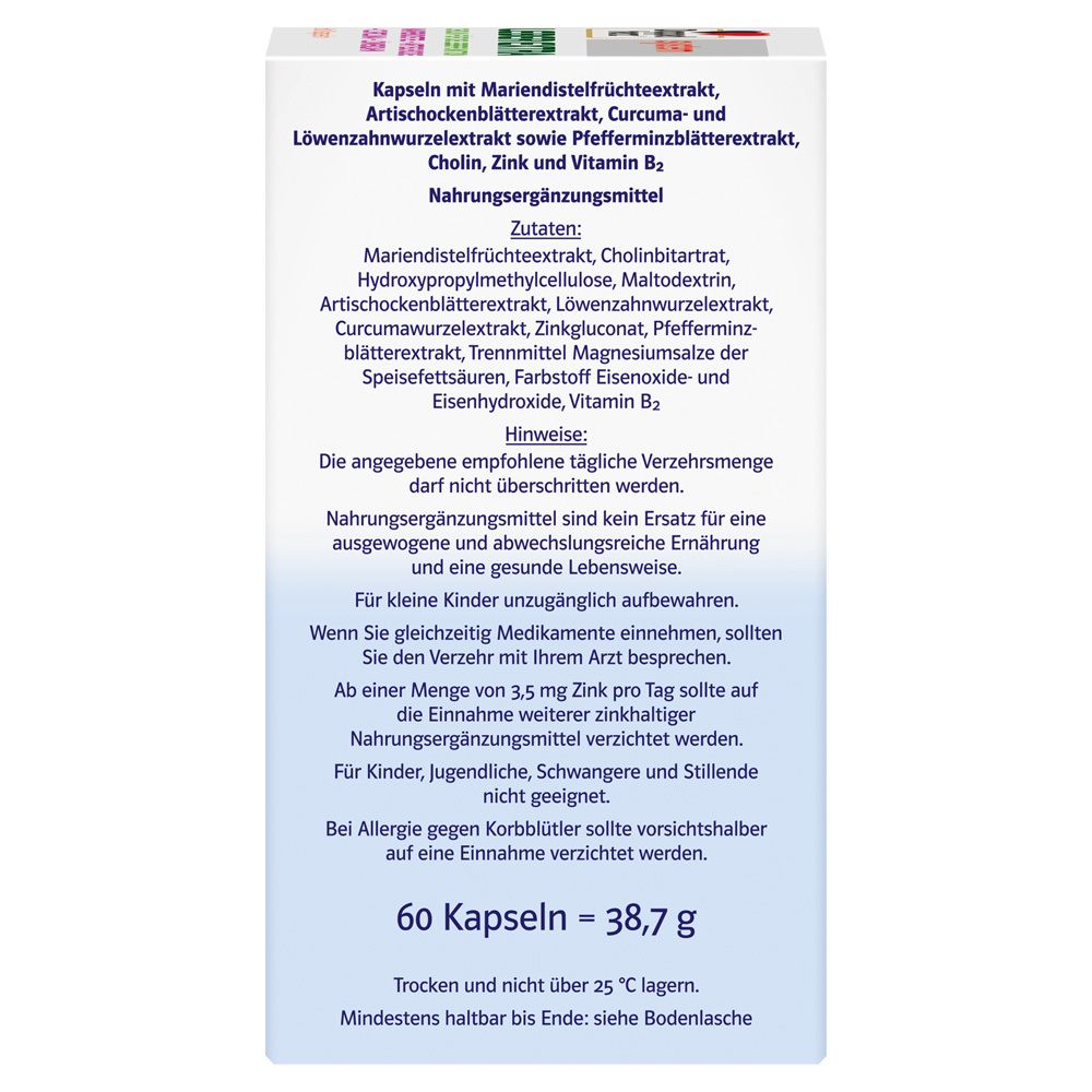 Doppelherz Leber Extra system Kapseln Verpackung. Zutatenliste, Hinweise und Warnhinweise.
