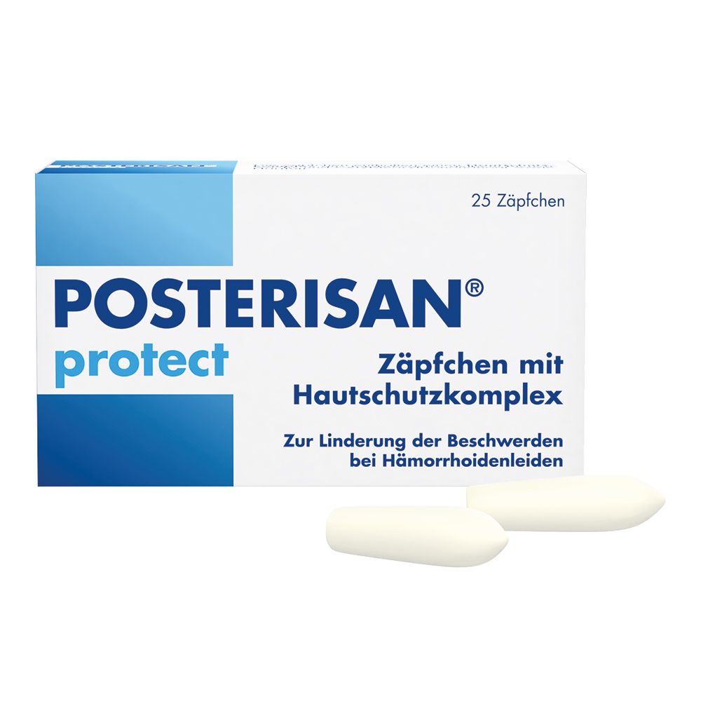 Weiße Zäpfchen und Produktverpackung. Aufschrift: POSTERISAN protect, Zäpfchen mit Hautschutzkomplex.