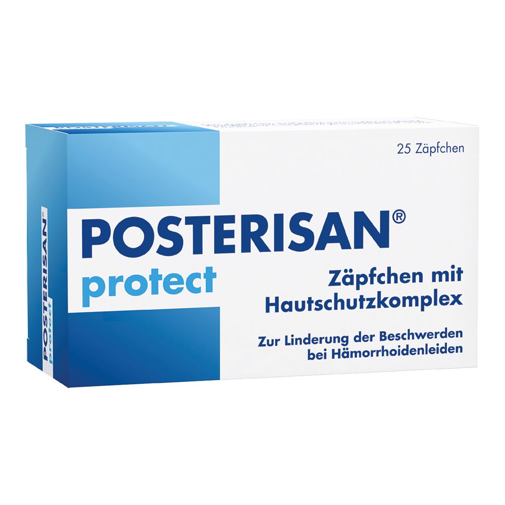 Produktverpackung mit blauer und weißer Farbgebung. Aufschrift: POSTERISAN protect, Zäpfchen mit Hautschutzkomplex.