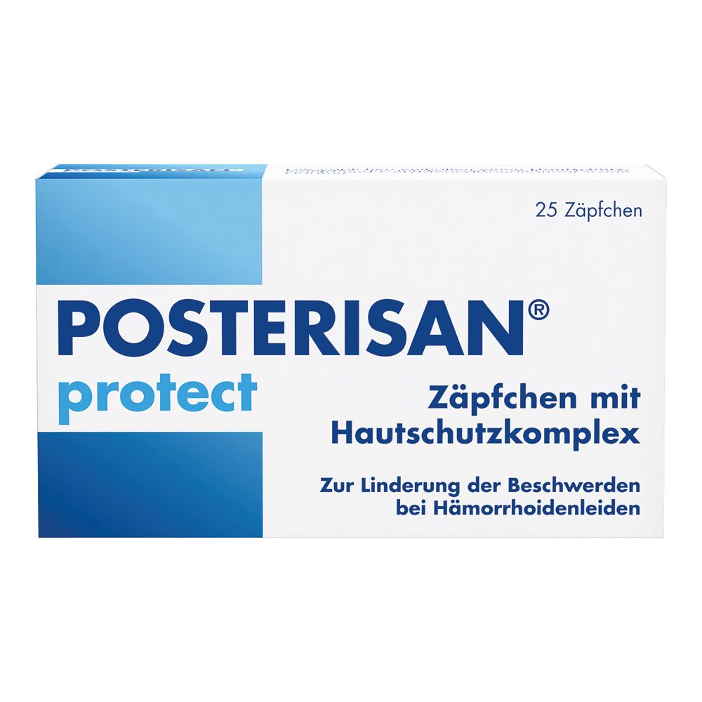 Produktverpackung. Aufschrift: POSTERISAN protect, Zäpfchen mit Hautschutzkomplex. 25 Zäpfchen.