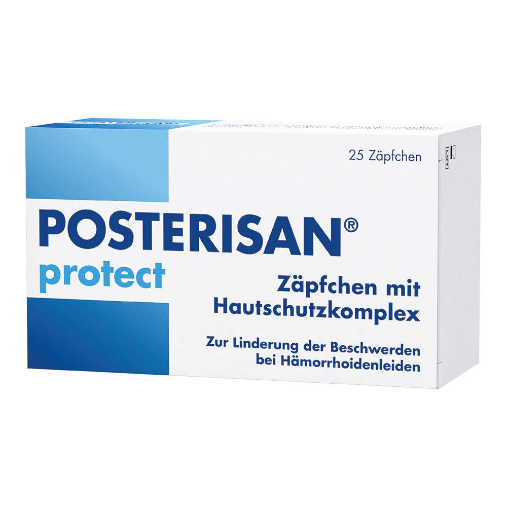 Produktverpackung. Aufschrift: POSTERISAN protect, Zäpfchen mit Hautschutzkomplex. 25 Zäpfchen.