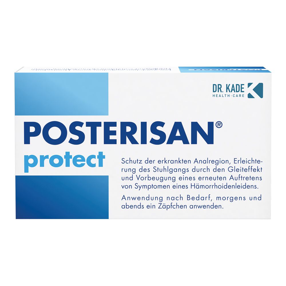 Produktverpackung. Aufschrift: POSTERISAN protect, Zäpfchen mit Hautschutzkomplex. Dr. Kade Logo.