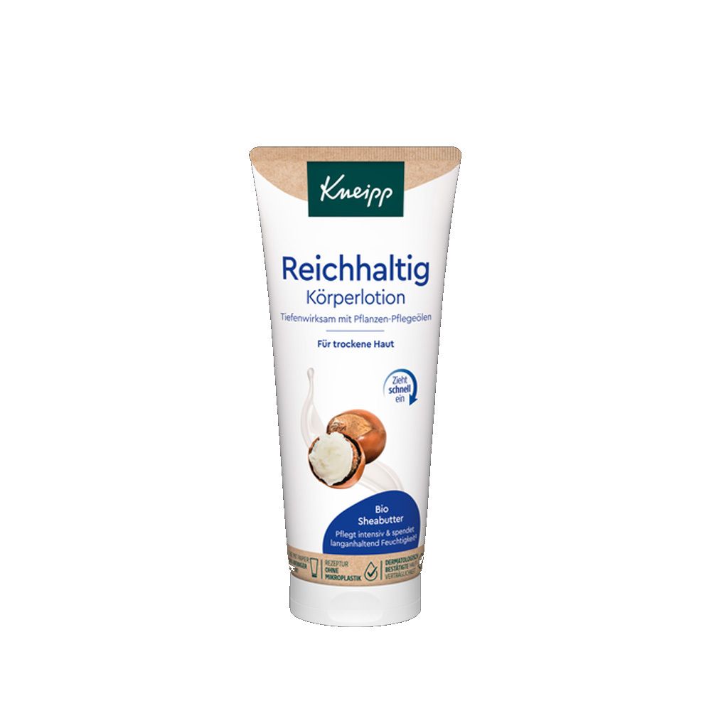 Körperlotion-Tube mit Kneipp-Logo. Text: Reichhaltig Körperlotion, Bio Sheabutter. Illustration von Sheabutter und Milch.