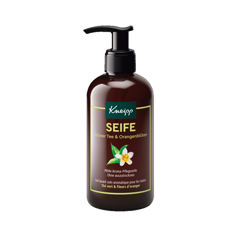 Braune Flasche mit schwarzem Pumpkopf. Etikett mit Kneipp-Logo, Produktname und floraler Illustration.