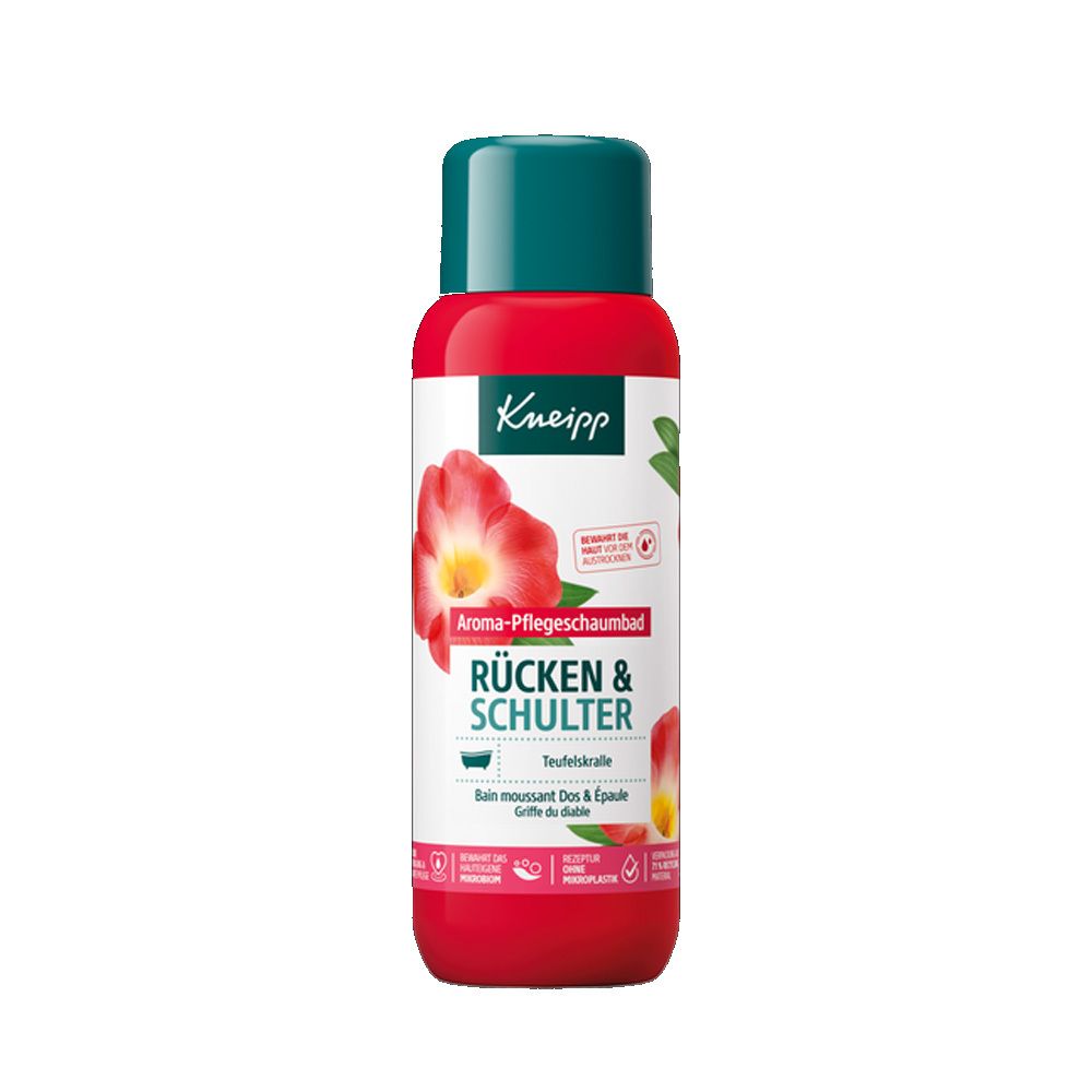 Rote Flasche mit grünem Deckel. Aufschrift: Kneipp, Aroma-Pflegeschaumbad Rücken & Schulter. Abbildung einer Blüte.