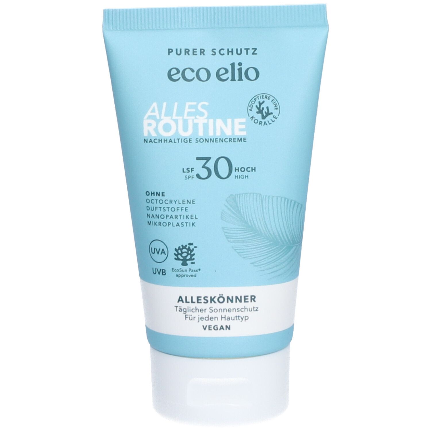Hellblaue Tube mit "eco elio ALLES ROUTINE LSF30". Text: "Ohne", "Vegan". Logo: Blätter, Koralle. Produktverpackung.