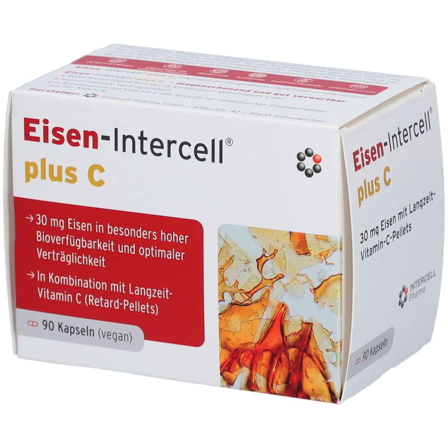 Weißer Karton mit roter Schrift. Aufschrift: Eisen-Intercell plus C. Enthält 90 Kapseln. Auf der Verpackung sind weitere Informationen.