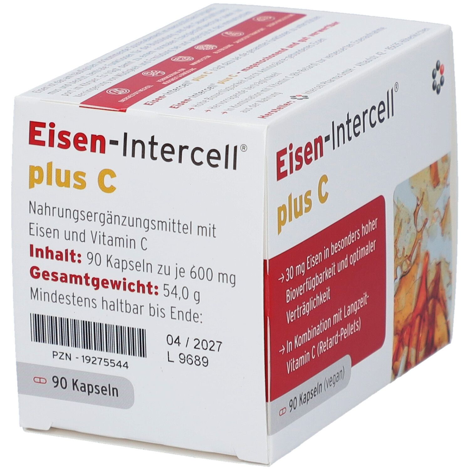 Weißer Karton mit roter Schrift. Aufschrift: Eisen-Intercell plus C. Enthält 90 Kapseln. Mindesthaltbarkeit bis 04/2027.
