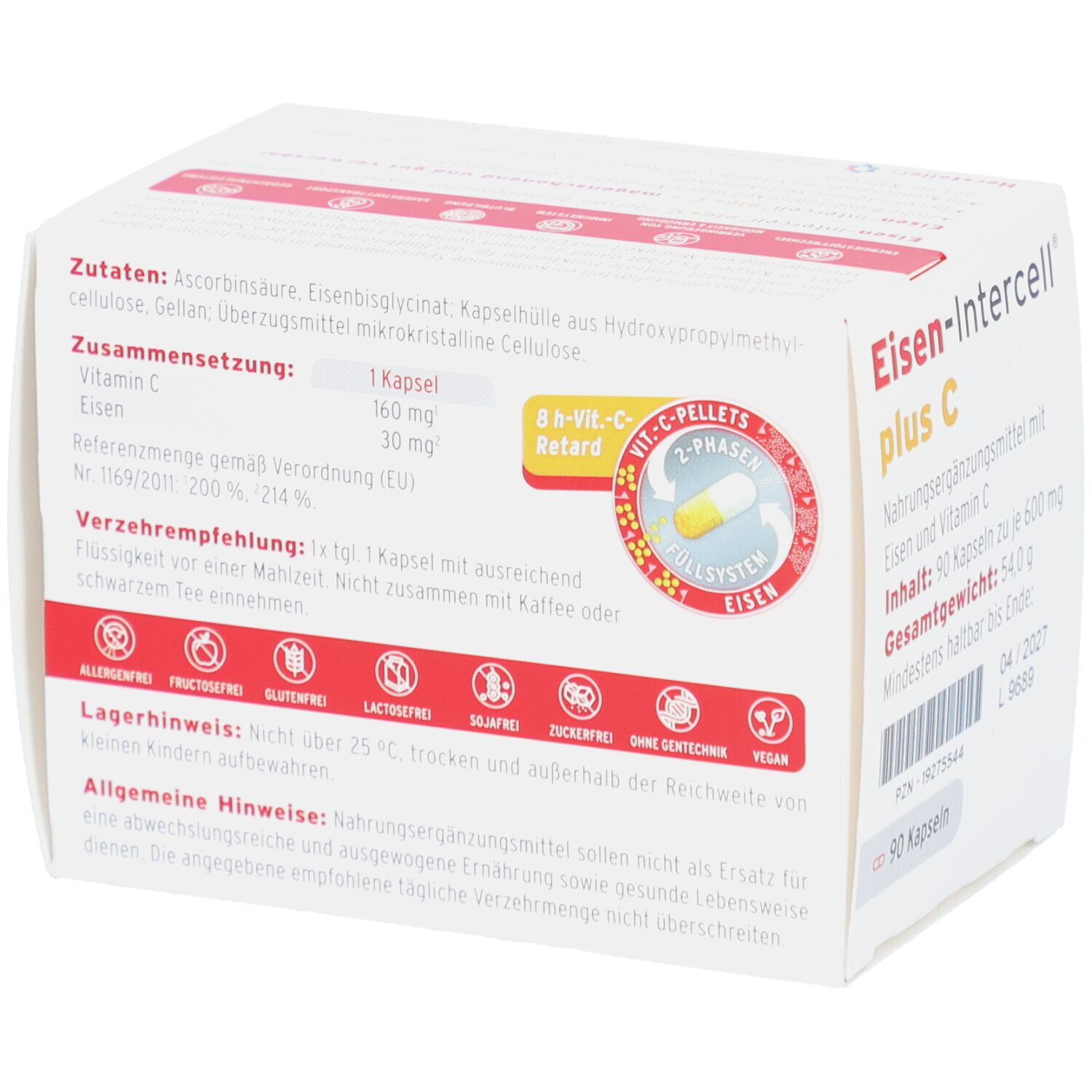 Weißer Karton mit roter Schrift. Aufschrift: Eisen-Intercell plus C. Enthält 90 Kapseln. Zutaten und Verzehrempfehlung sind angegeben.