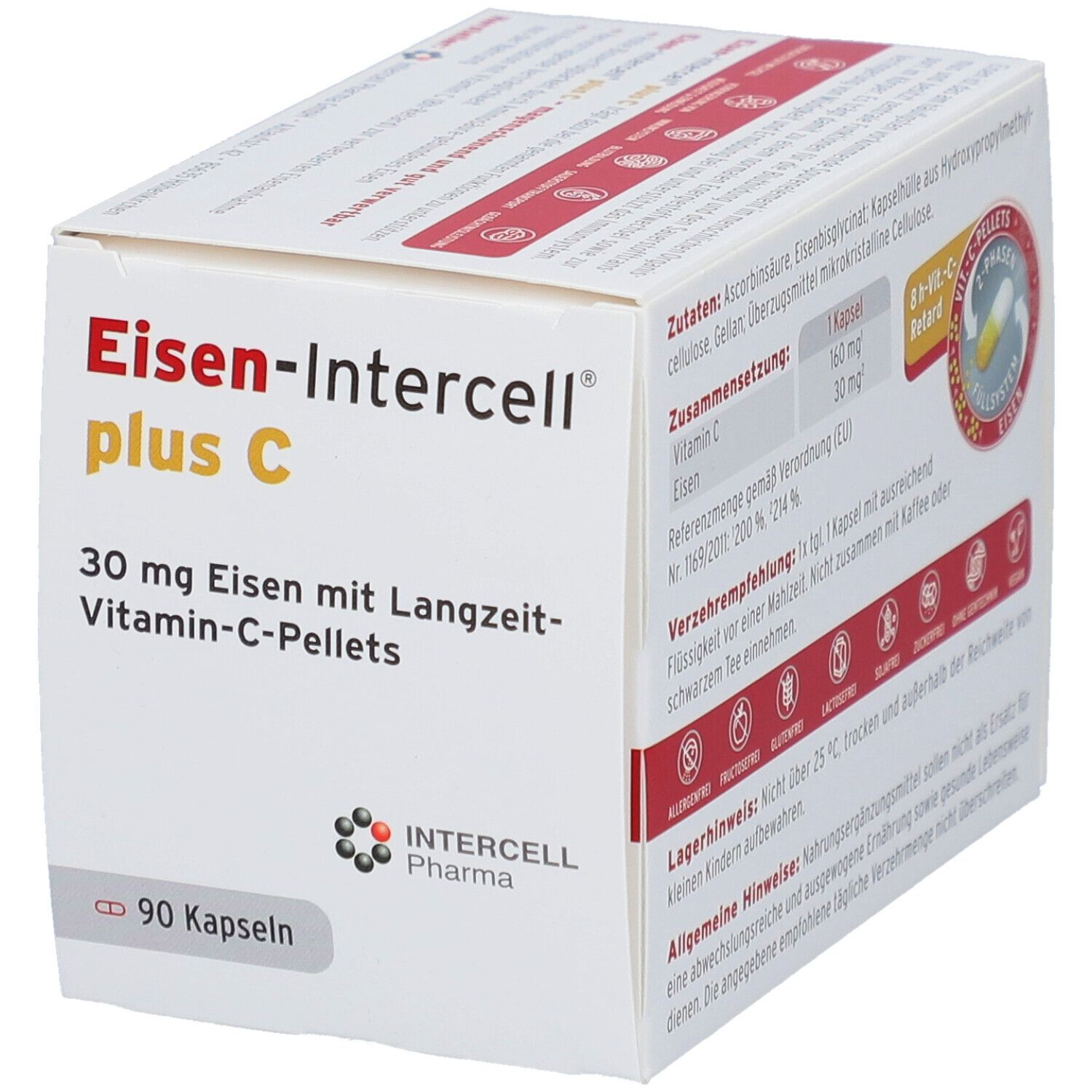 Weißer Karton mit roter Schrift. Aufschrift: Eisen-Intercell plus C. Enthält 90 Kapseln. Informationen zu Inhaltsstoffen und Anwendung.