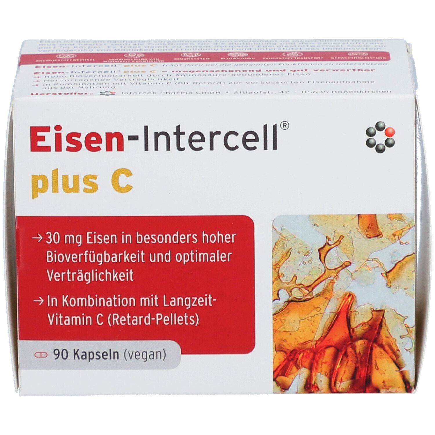 Weißer Karton mit roter Schrift. Aufschrift: Eisen-Intercell plus C. Enthält 90 Kapseln. Details zu Inhaltsstoffen und Eigenschaften.