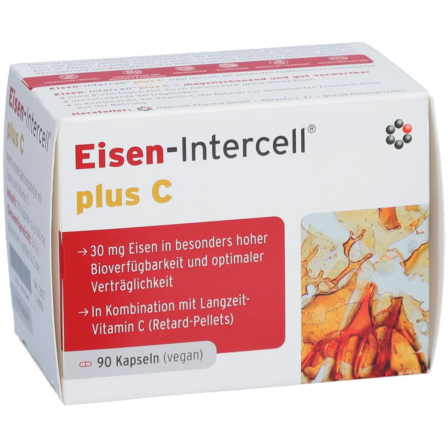 Weißer Karton mit roter Schrift. Aufschrift: Eisen-Intercell plus C. Enthält 90 Kapseln. Informationen zur Zusammensetzung und Anwendung.