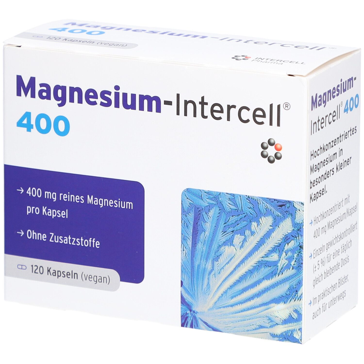 Weißer Karton mit "Magnesium-Intercell 400". Enthält 120 Kapseln. Aufschrift: 400 mg reines Magnesium pro Kapsel, ohne Zusatzstoffe.