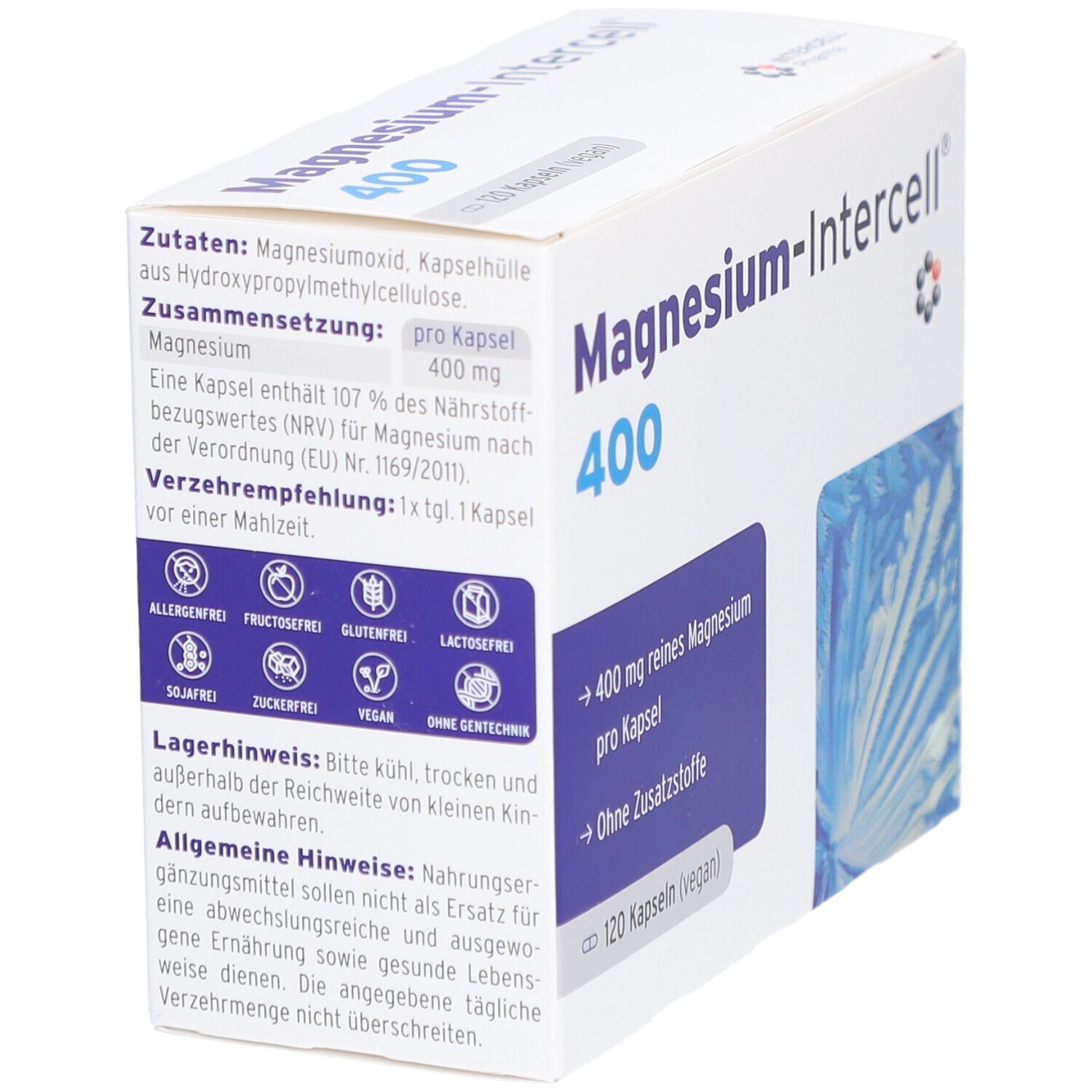 Weißer Karton "Magnesium-Intercell 400". Enthält 120 Kapseln. Zutatenliste und Nährwertangaben. Frei von Allergenen.