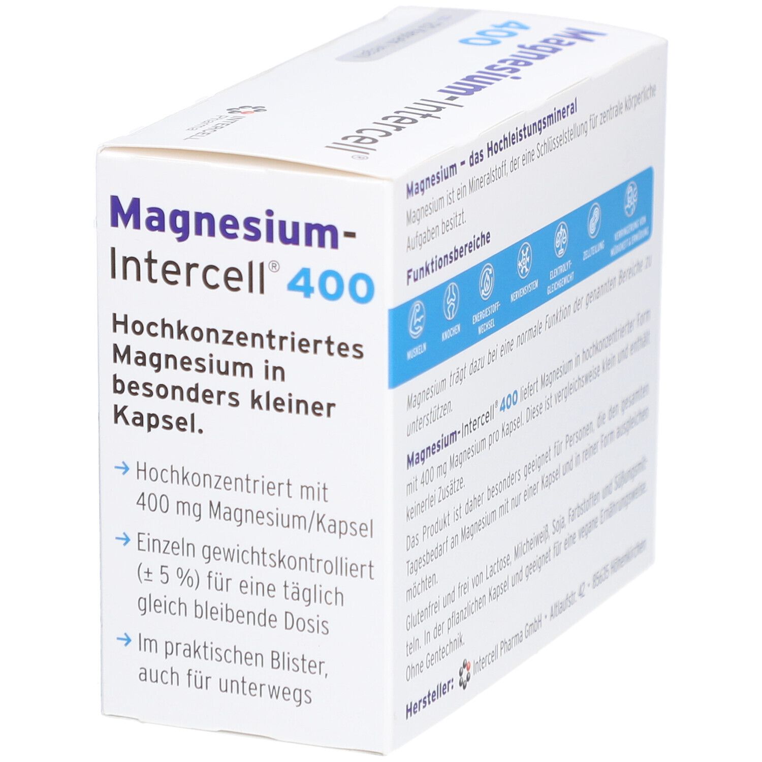 Weißer Karton "Magnesium-Intercell 400". Hochkonzentriert in kleineren Kapseln. 400 mg Magnesium/Kapsel. Für unterwegs.