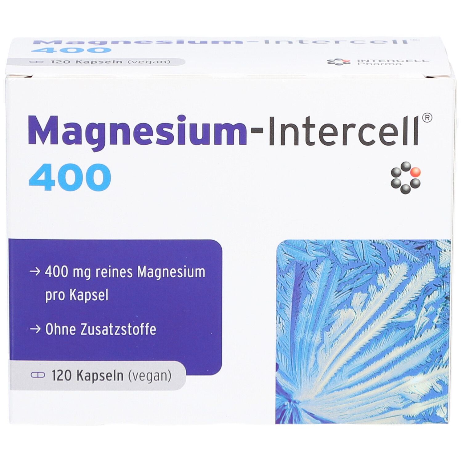Weißer Karton "Magnesium-Intercell 400". Enthält 120 Kapseln. Aufschrift: 400 mg reines Magnesium pro Kapsel, ohne Zusatzstoffe.