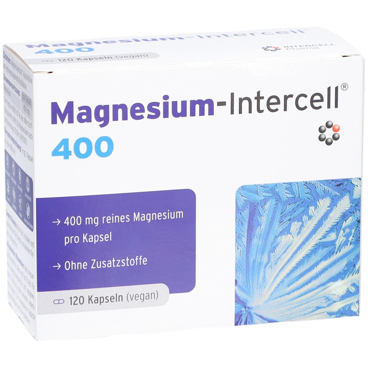 Weißer Karton "Magnesium-Intercell 400". Enthält 120 Kapseln. Aufschrift: 400 mg reines Magnesium pro Kapsel, ohne Zusatzstoffe.