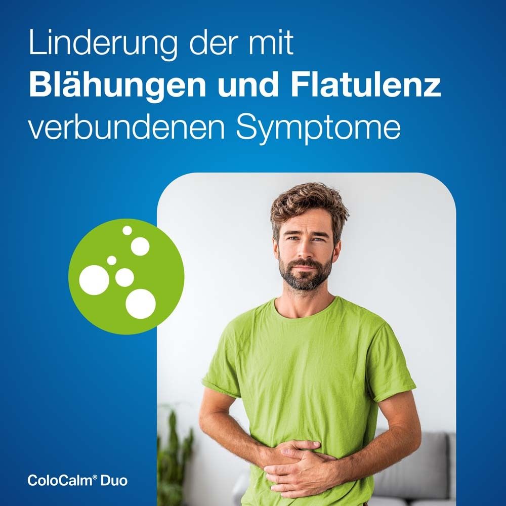Mann hält sich den Bauch. Text: Linderung der mit Blähungen verbundenen Symptome. ColoCalm® Duo Logo.