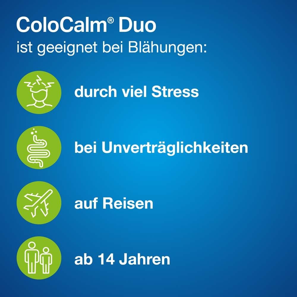 Text: ColoCalm® Duo ist geeignet bei Blähungen: durch Stress, Unverträglichkeiten, auf Reisen, ab 14 Jahren.