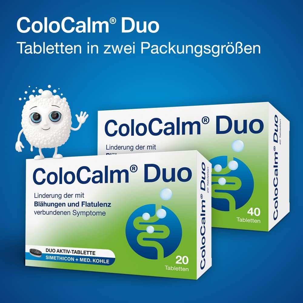 Zwei ColoCalm® Duo-Packungen. Text: Tabletten in zwei Packungsgrößen. 20 und 40 Tabletten. ColoCalm® Duo Logo.