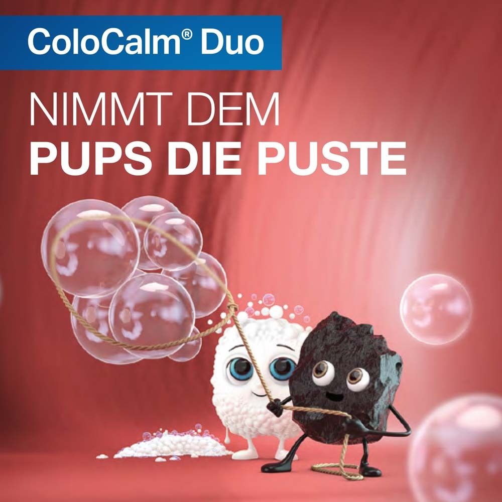 Cartoon-Figuren. Text: Nimmt dem Pups die Puste. ColoCalm® Duo Logo.