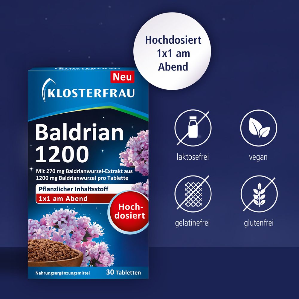 KLOSTERFRAU Baldrian 1200. Packung. Laktosefrei, vegan, gelatinefrei, glutenfrei. 30 Tabletten.