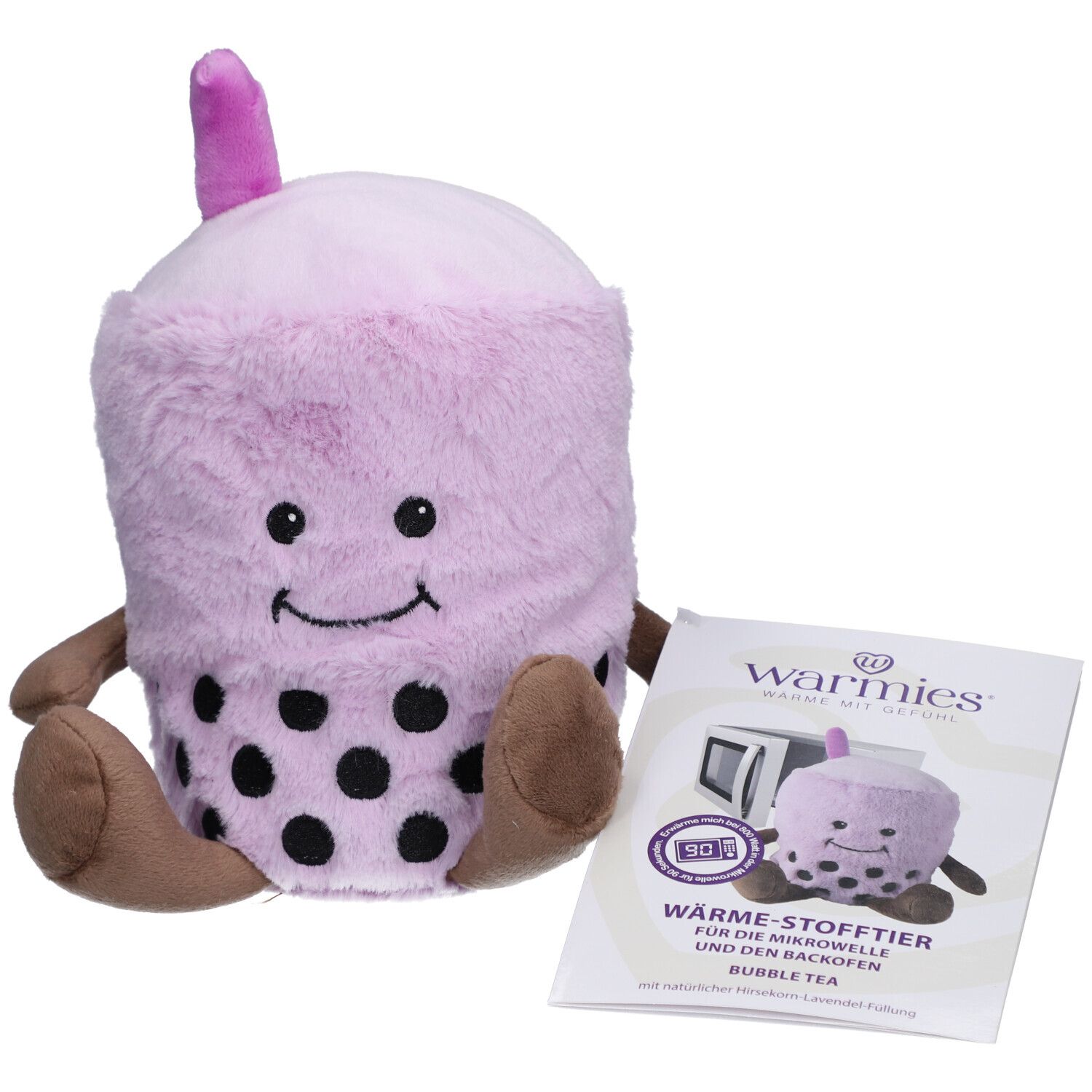 Lila Bubble Tea Wärmestofftier mit schwarzen Punkten und braunen Armen und Füßen. Mit Broschüre.