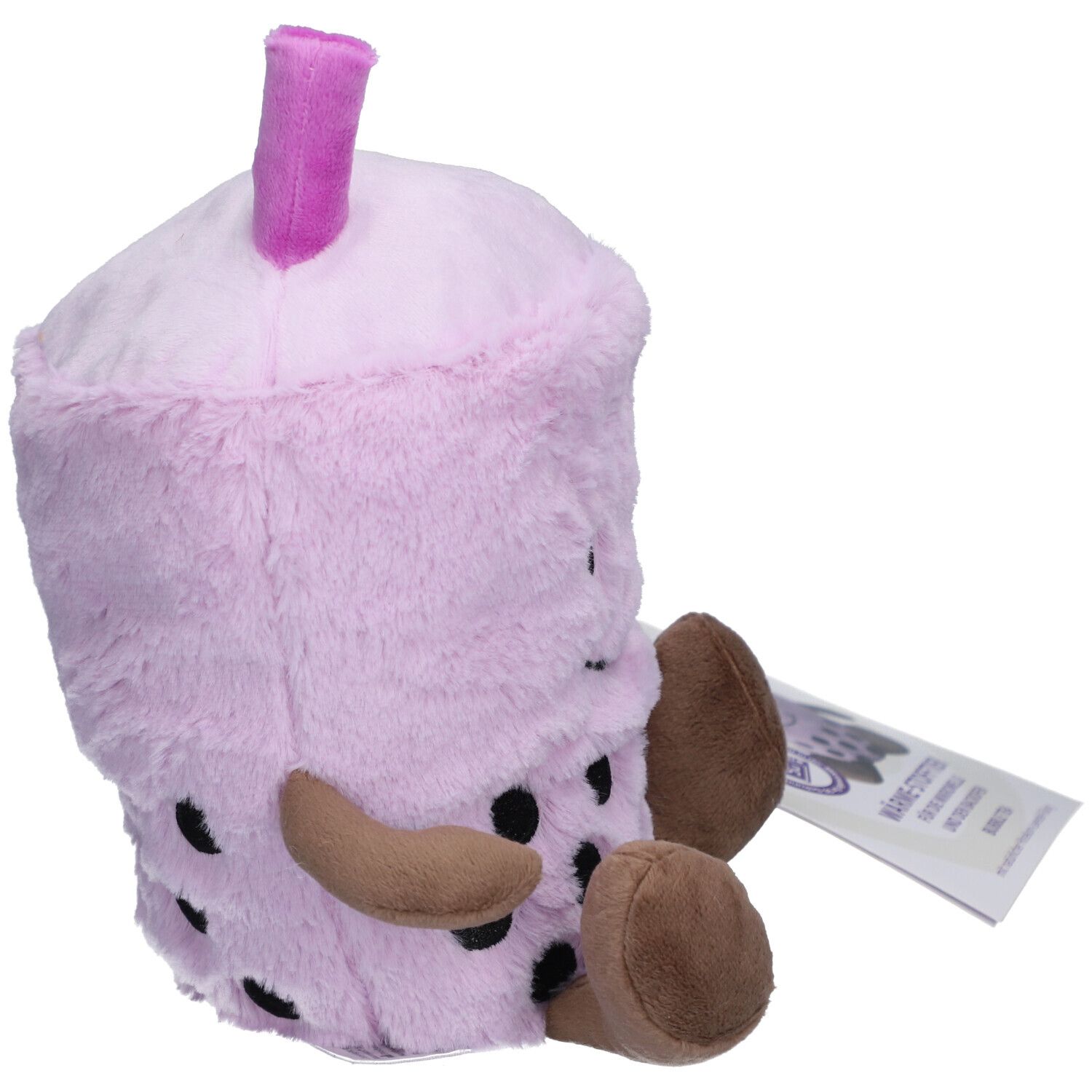 Lila Bubble Tea Wärmestofftier mit schwarzen Punkten. Braune Arme und Füße. Seitenansicht.