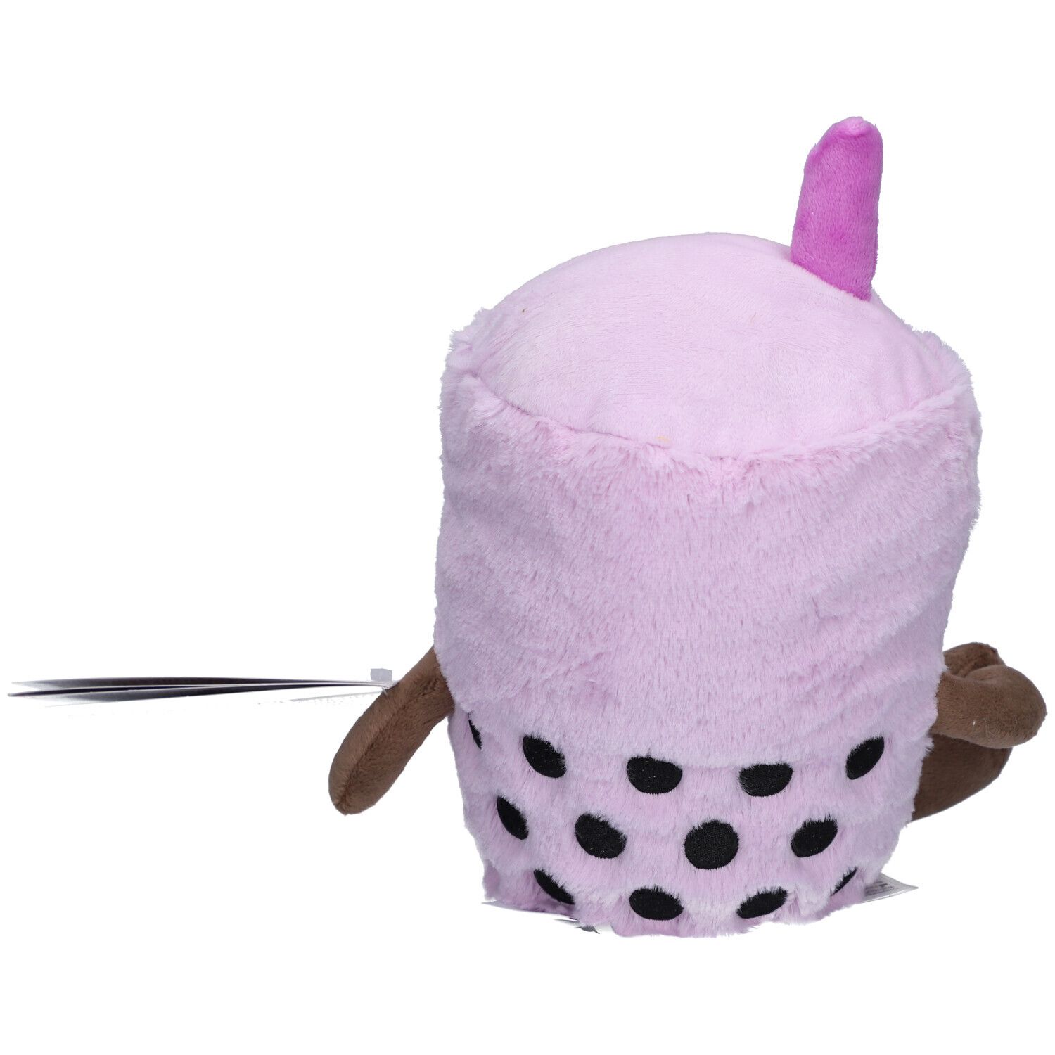 Lila Bubble Tea Wärmestofftier mit schwarzen Punkten. Braune Arme und Füße. Seitenansicht.