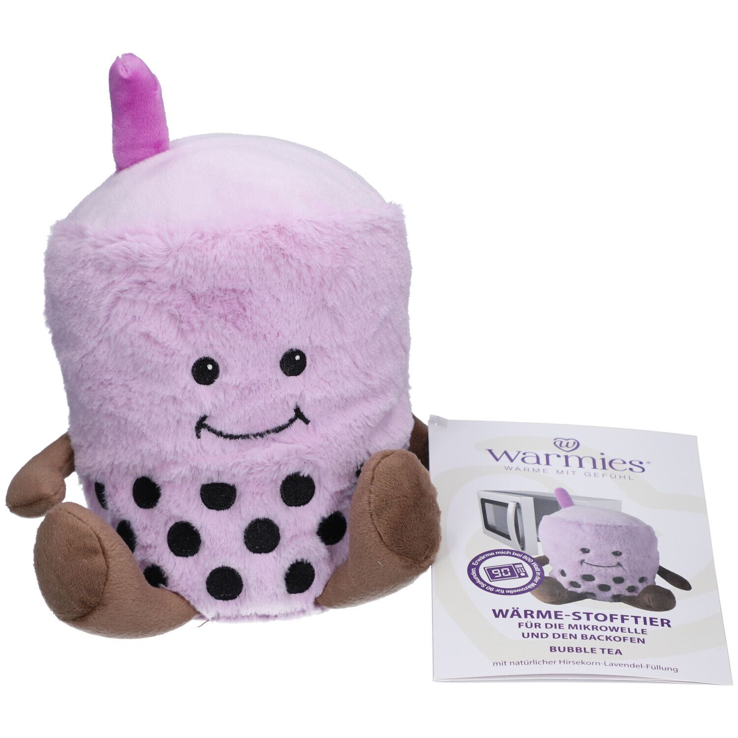 Lila Bubble Tea Wärmestofftier mit schwarzen Punkten und braunen Armen und Füßen. Mit Broschüre.