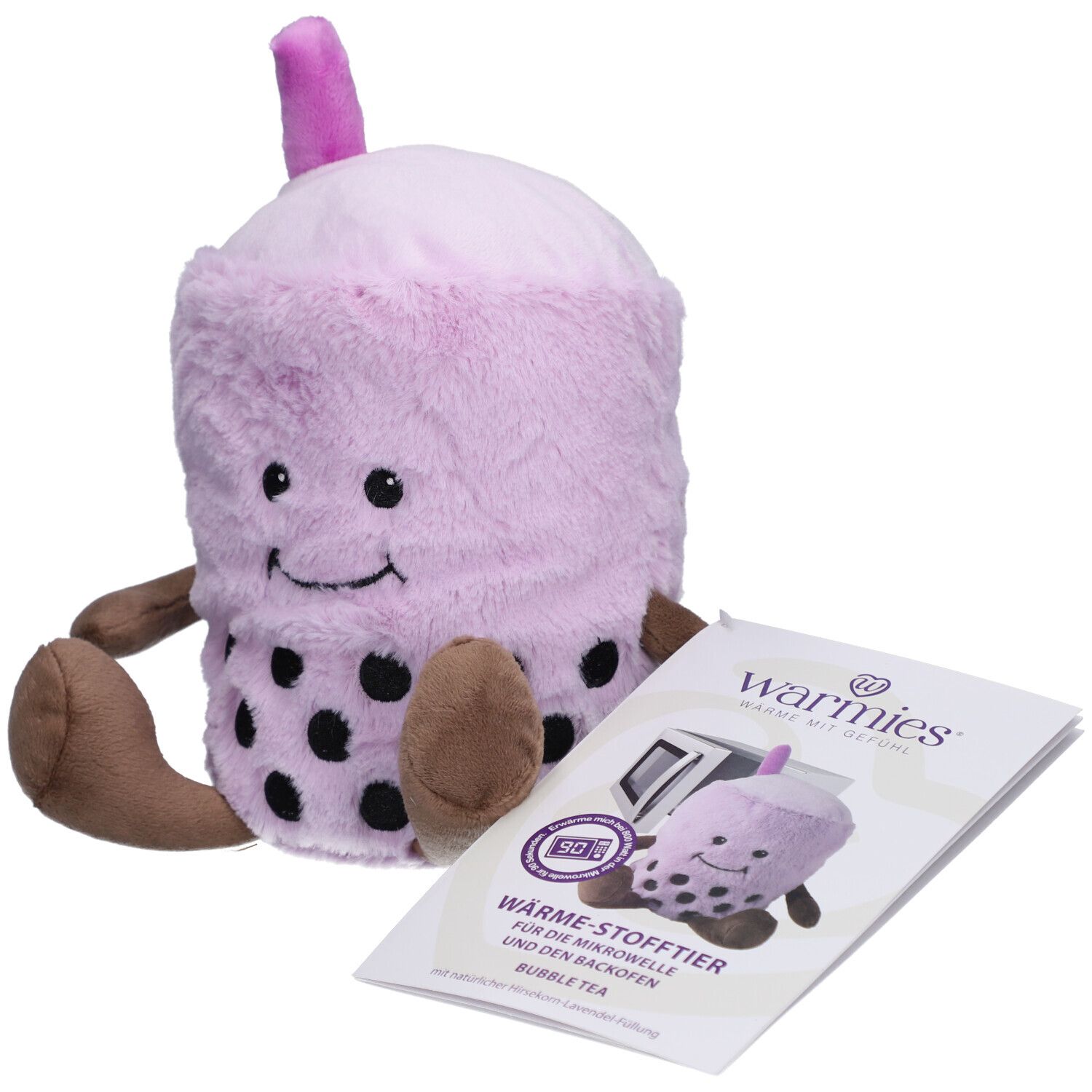 Lila Bubble Tea Wärmestofftier mit schwarzen Punkten und braunen Armen und Füßen. Mit Broschüre.