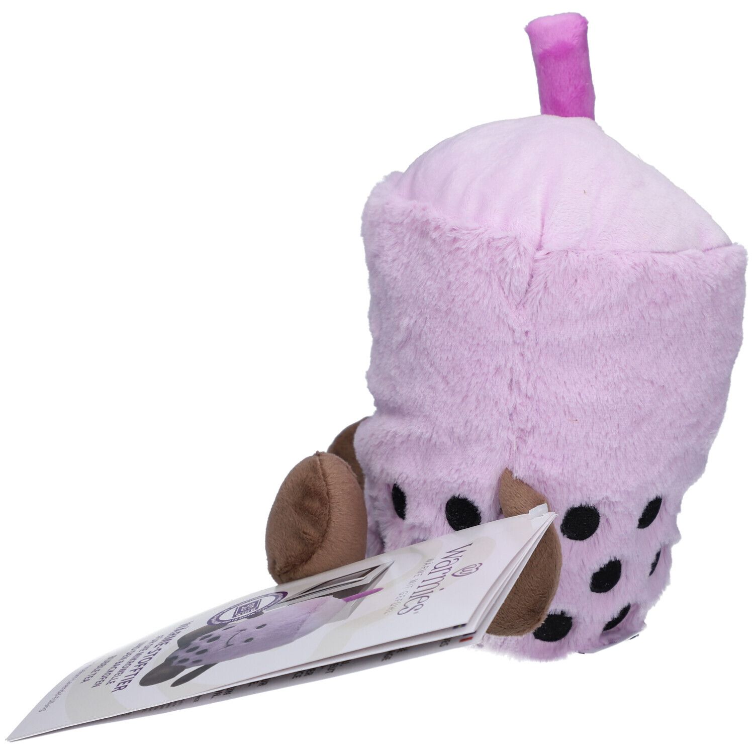 Lila Bubble Tea Wärmestofftier mit schwarzen Punkten. Braune Arme und Füße. Mit Broschüre.