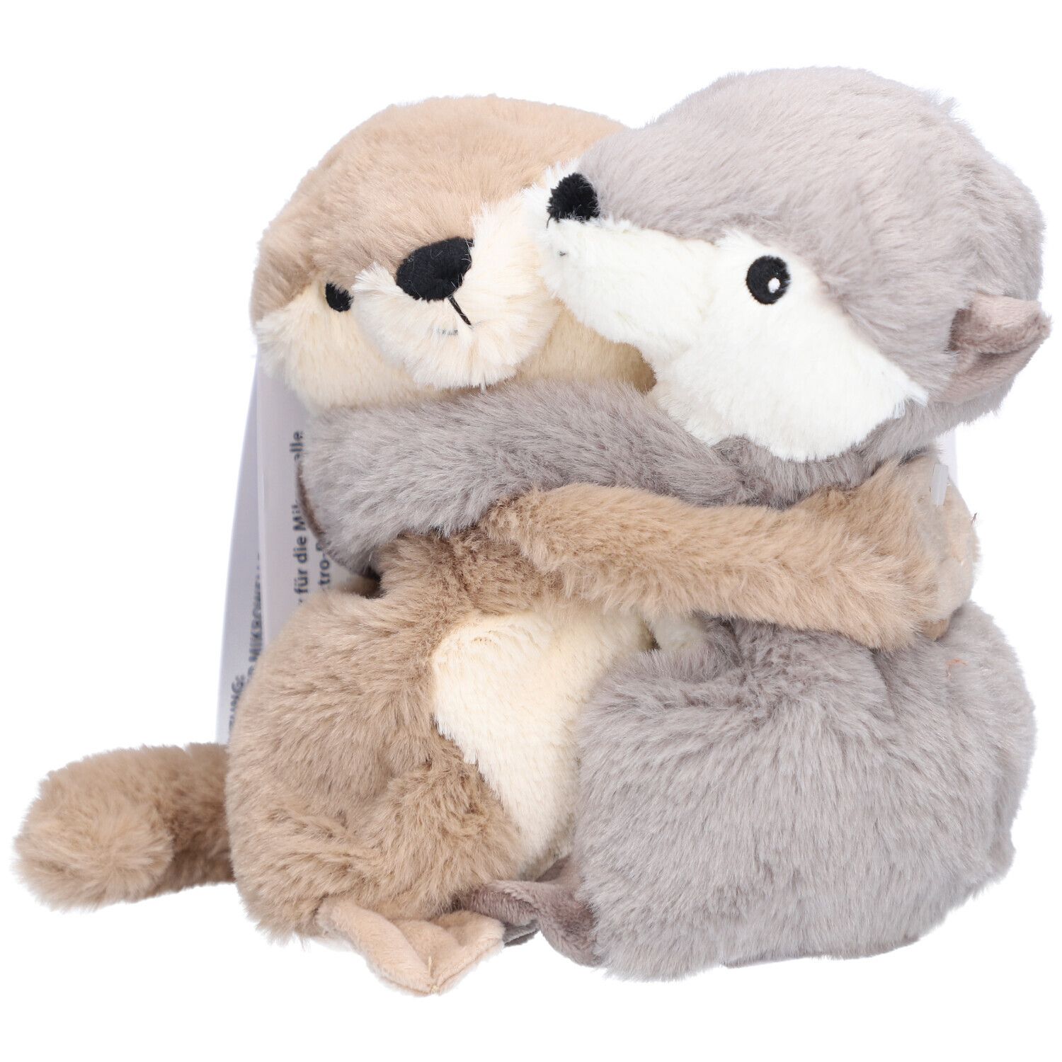Zwei Kuscheltiere in Otterform, beige und grau. Mit Anhänger.