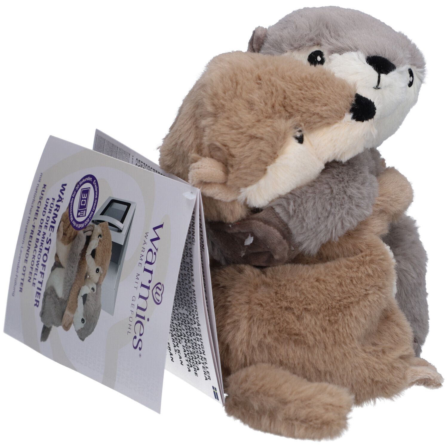Zwei Otter-Kuscheltiere, beige und grau, umarmen sich. Mit Anhänger.