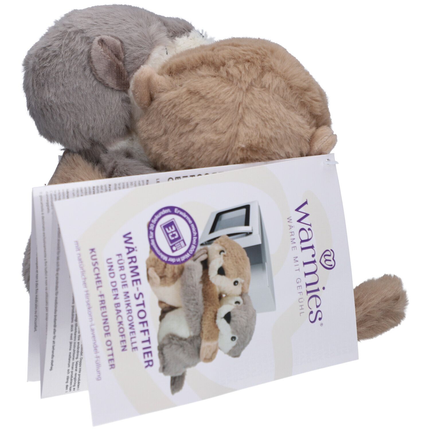 Zwei Otter-Kuscheltiere, beige und grau, mit Anhänger. Marke Warmies.