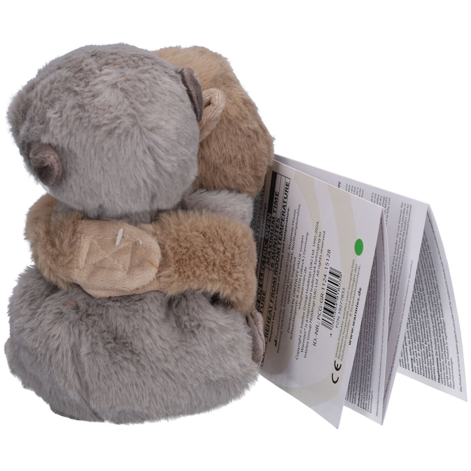Zwei Otter-Kuscheltiere, beige und grau, umarmen sich. Mit Anhänger.