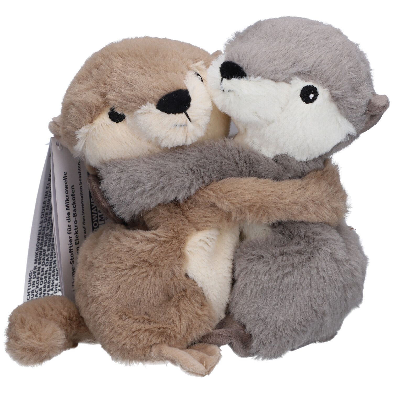 Zwei Otter-Kuscheltiere, beige und grau, umarmen sich. Mit Anhänger.