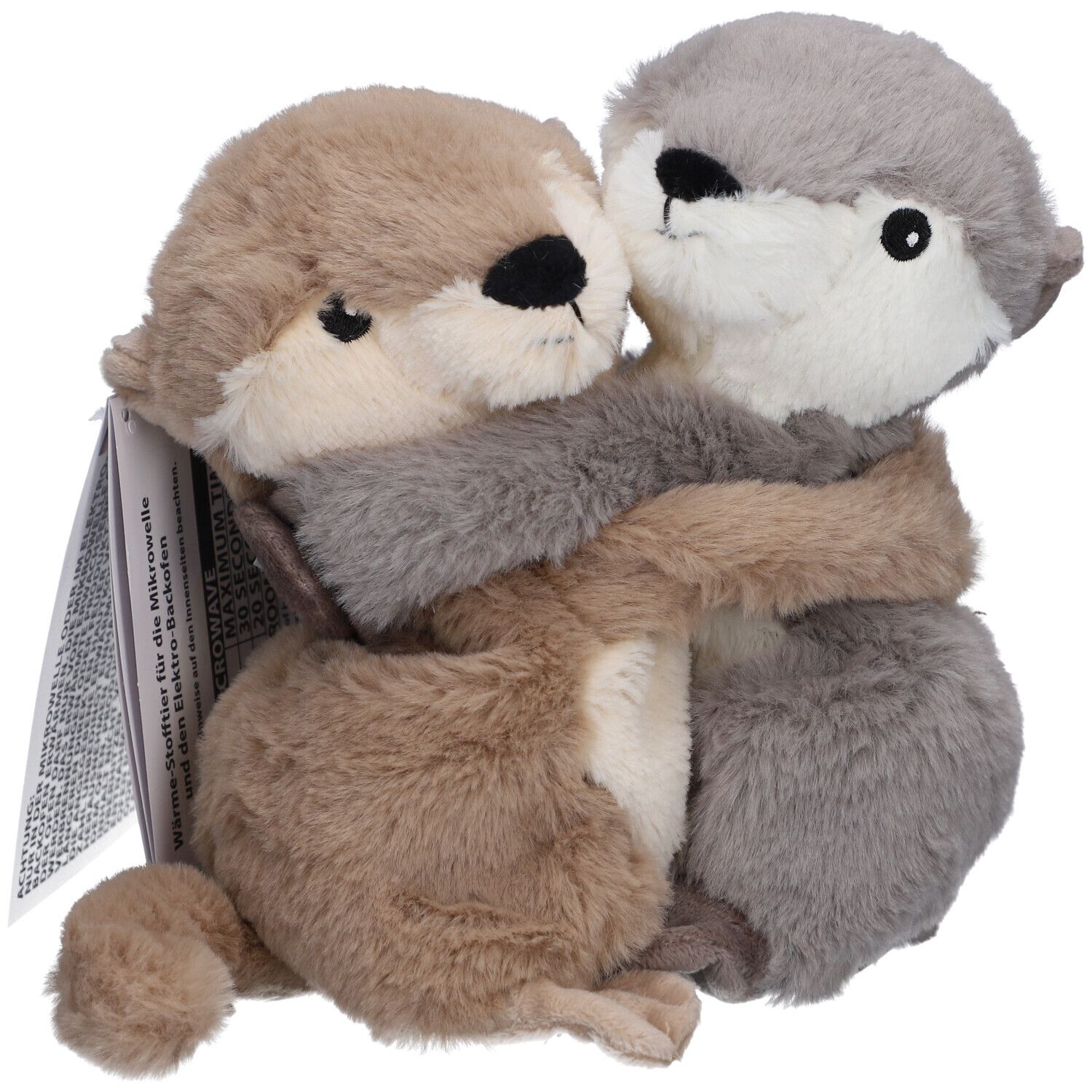 Zwei Otter-Kuscheltiere, beige und grau, umarmen sich. Mit Anhänger.