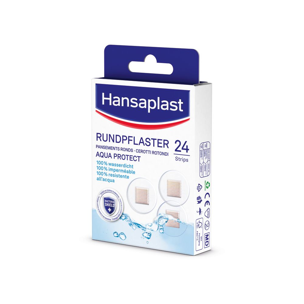 Verpackung Hansaplast Aqua Protect Rundpflaster. 24 Pflaster. Wasserdicht. Ansicht von vorne.
