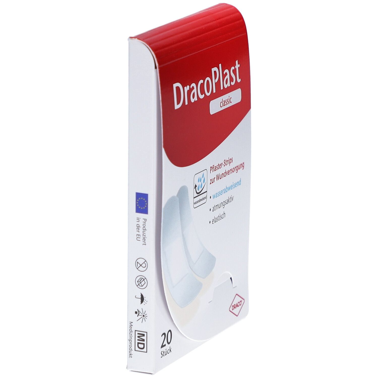DracoPlast classic Pflasterstrips-Verpackung. 20 Stück. Wasserabweisend, atmungsaktiv, elastisch. EU-Kennzeichnung.
