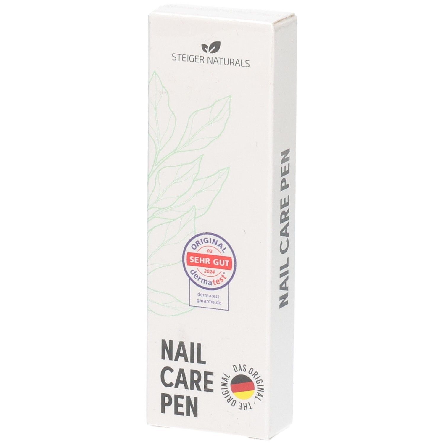 Verpackung des Nail Care Pen mit Blattmotiv und Siegeln 'Original sehr gut' und 'Das Original'.