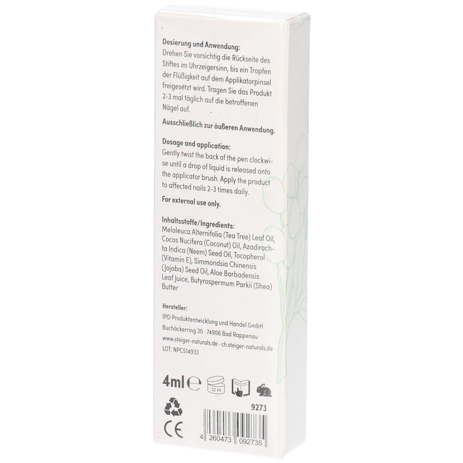 Rückseite der Nail Care Pen Verpackung mit Anwendungshinweisen, Inhaltsstoffen und 4ml Angabe.