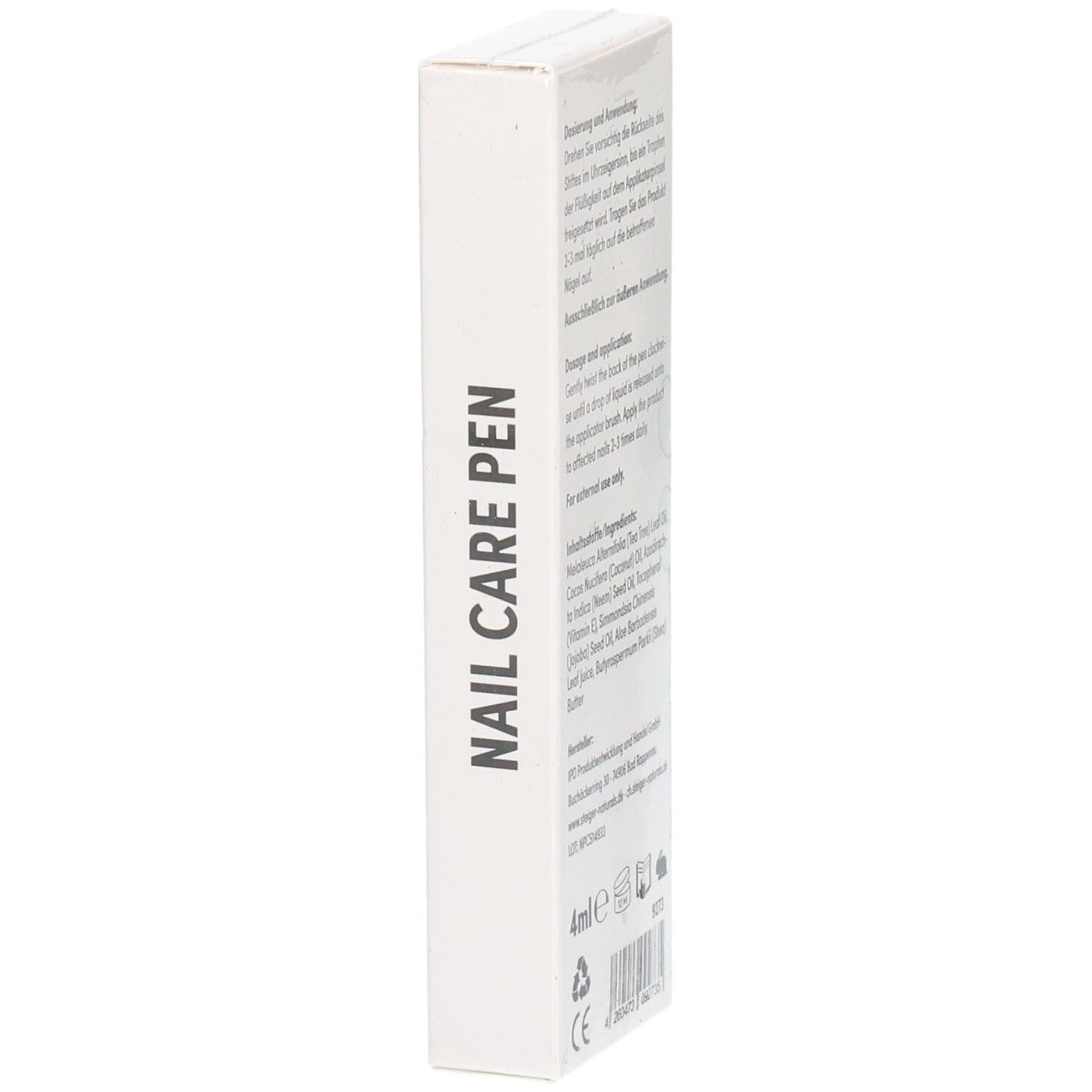 Seitenansicht der Verpackung des Nail Care Pen mit Anwendungshinweisen und Inhaltsstoffen.