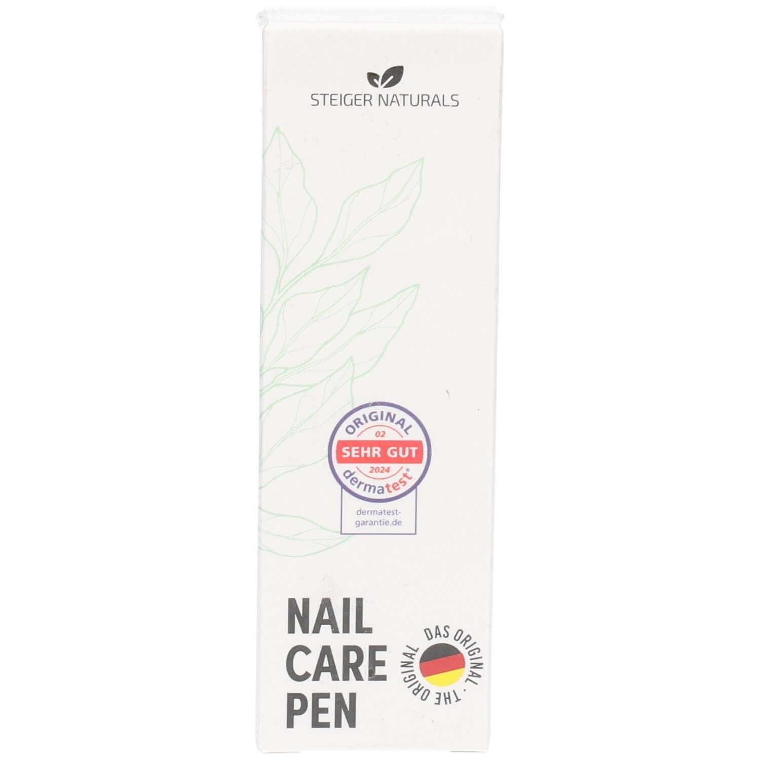 Vorderseite der Nail Care Pen Verpackung mit Blattmotiv und Siegeln 'Original sehr gut' und 'Das Original'.