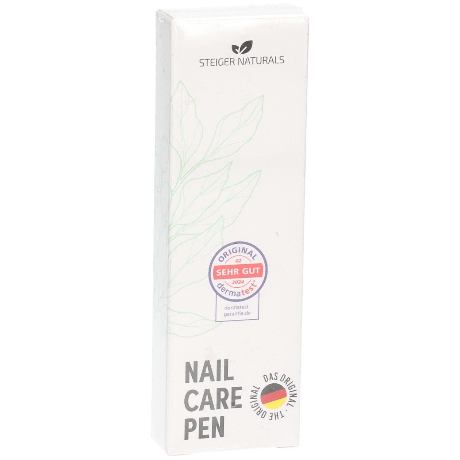 Vorderseite der Nail Care Pen Verpackung mit Blattmotiv, Siegeln und Markenschriftzug.