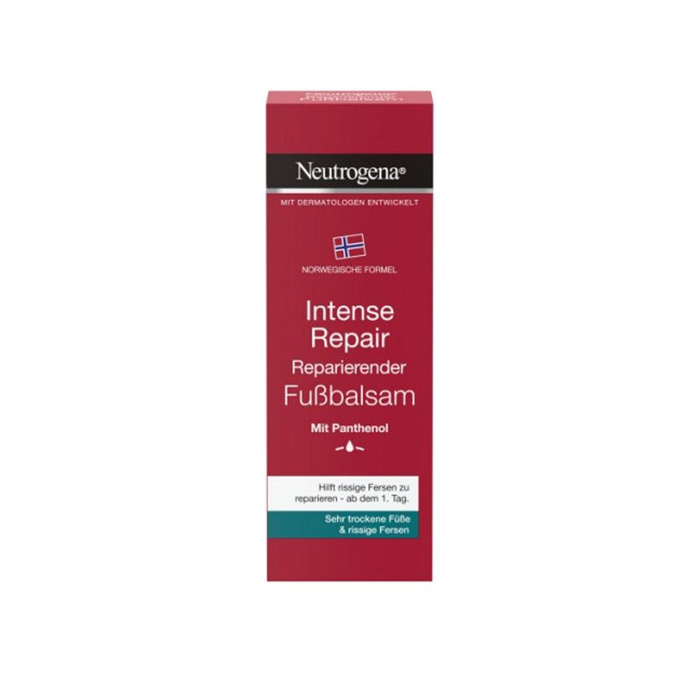 Rote Tube mit weißer Schrift. Produktname: Intense Repair Fußbalsam. Marke: Neutrogena. Enthält Panthenol. Für sehr trockene Füße.