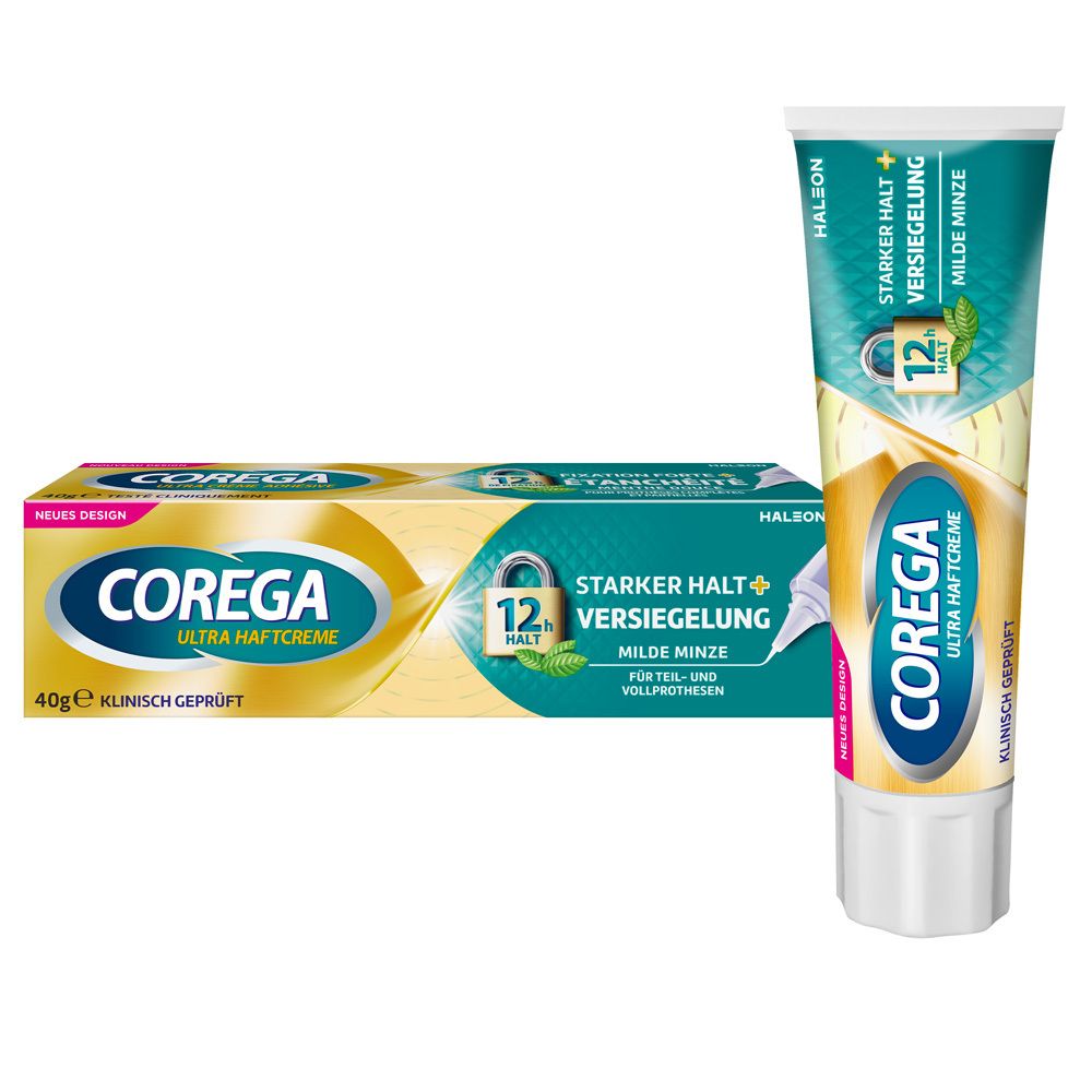 Zwei Packungen Corega Ultra Haftcreme. Eine Tube und eine Schachtel. Aufschrift: Starker Halt + Versiegelung, milde Minze.
